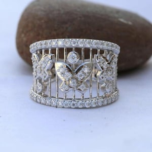 Round Moissanite Diamond Ring Band - Filigree Engagement Band - Antique Vintage Style Band - Art Deco Wedding Band -Wedding Anniversary Gift