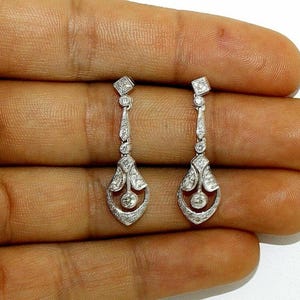 Art Deco Wedding Bridal Earring - Round Cut Moissanite Diamond Dangle Drop Earring - Push Back Earring - Vintage Style Edwardian Earring