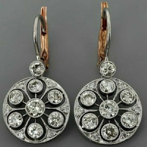 レバーバックアールデコイヤリング - オールドヨーロピアンカットモアッサナイトダイヤモンドエドワードイヤリング - フローラルスタイルのツートンイヤリング - ヴィンテージスタイルのイヤリング