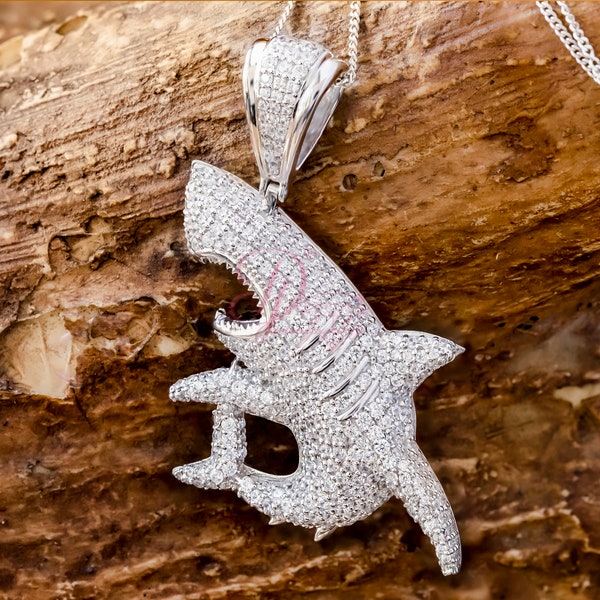 Men's Shark Pendant - 925 Silver Shark Jaws Pendant - Pave Set Round Moissanite Diamond Pendant - Men's Hip Hop Jewelry -Party Wear Pendant