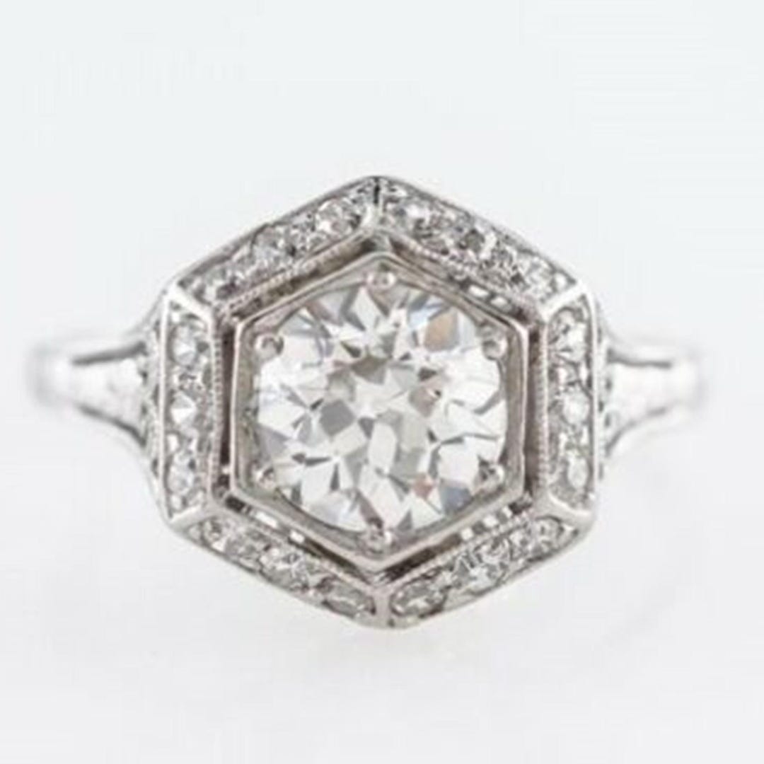 Hexagon Shape Art Deco Ring - Antique Milgrain Set Halo Ring - Old ...