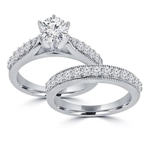 Set di fedi nuziali con diamanti e moissanite tonda - Anello mezza eternità per donna - Set di fedi per proposta di fidanzamento - Regalo di anniversario per lei