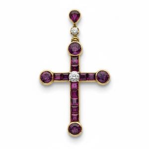Colgante de cruz de rubí estilo Belle Époque circa 1905 - Colgante de cruz con piedra de circonita cúbica redonda rosa - Collar con cruz cristiana de oro de 14 quilates - Collar para hombre o mujer
