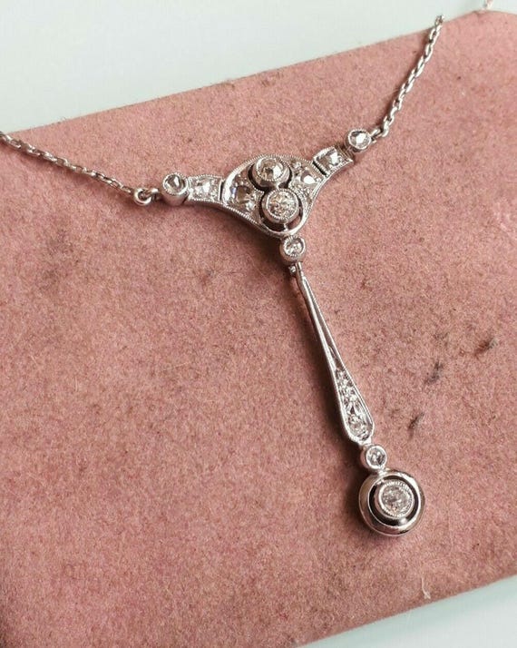 Vintage Style Drop Necklace - Round Moissanite Diamond Art Deco Necklace - Edwardian Necklace For Women - 14K Gold Party Wear Necklace