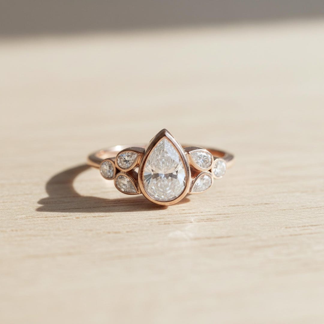 Teardrop Seven Stone Ring - 14K Rose God Bezel Set Ring - Engagement ...