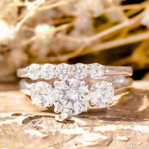 Three Stone Ring Set, Five Stone Band, Round Moissanite Diamond Wedding Ring Set, Past Present Future Ring Set, 14K Gold Engagement Ring Set