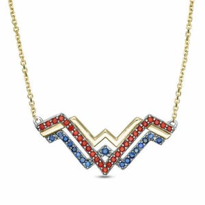 Wonder Women Necklace - Blue & Red Round CZ Stone Pendant Necklace - Two Tone Necklace - Woman&#39;s Day Gift - Letter And Word Necklace