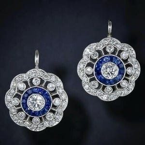 Antique Halo Flower Inspire Art Deco Earring - Round & Sapphire Baguette Cut CZ Stone Dangle Earring - Openwork Filigree Dangle Earring