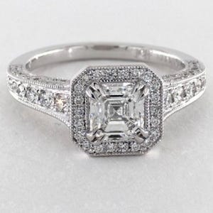 Asscher & Round Moissanite Diamond Ring, Halo Engagement Ring, Vintage Inspire Wedding Ring, Pave Set Ring, Milgrain Art Deco Ring For Her