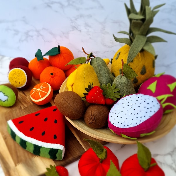 Fruits exotiques en feutre - Ensemble de jeu de fruits pour enfants - Cuisine de jeu pour enfants - découvrez les fruits