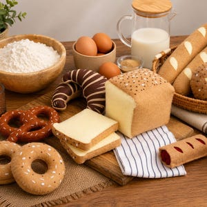 Könnte beinhalten: Eine Sammlung von Filz-Spielzeuglebensmitteln, bestehend aus einem Laib Brot, zwei Toastscheiben, einem schokolierten Croissant, einer braunen Brezel, zwei Donuts mit weißen Streuseln, einem gefüllten Gebäck und zwei Baguettes im Korb.