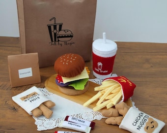 Felt Fast Food Play Set – Pretend Burger & Fries – Takeaway Toy Food – Play Kitchen Set – Handmade Montessori Christmas gift toys