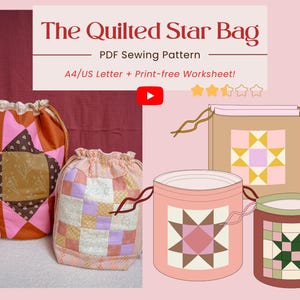 Op de afbeelding: De afbeelding toont een PDF-naaipatroon voor "The Quilted Star Bag". Het bevat twee tassen met trekkoord met sterquiltblokontwerpen in roze, oranje en bruin. Er worden ook extra illustraties van de tas getoond.