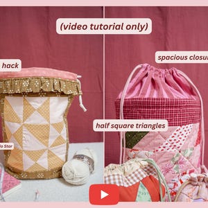 Peut inclure: Deux sacs en tissu faits &agrave; la main avec des fermetures &agrave; cordon. L'un est un motif patchwork avec un volant et le texte "ruffle hack" et "View A Split Ohio Star". L'autre sac a un motif &agrave; rayures roses et le texte "spacious closure hack" et "half square triangles".