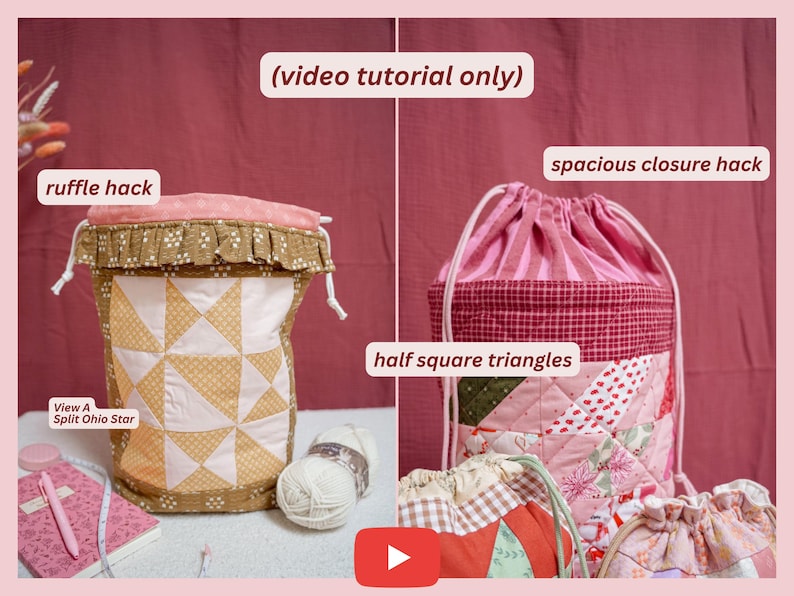 Peut inclure: Deux sacs en tissu faits &agrave; la main avec des fermetures &agrave; cordon. L'un est un motif patchwork avec un volant et le texte "ruffle hack" et "View A Split Ohio Star". L'autre sac a un motif &agrave; rayures roses et le texte "spacious closure hack" et "half square triangles".