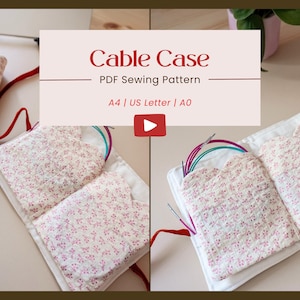 Puede incluir: Un estuche para cables de tela blanca con un patrón floral y dos bolsillos para guardar agujas de tejer. El estuche está abierto y las agujas son visibles. El texto "Cable Case" y "PDF Sewing Pattern" está impreso sobre un fondo rosa.