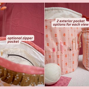 Peut inclure: Sacs de projet en tissu rose et blanc avec des motifs floraux. L'un des sacs poss&egrave;de une poche zipp&eacute;e en option, tandis qu'un autre poss&egrave;de deux options de poches ext&eacute;rieures. Les sacs sont con&ccedil;us pour ranger des fournitures de tricot ou de crochet.