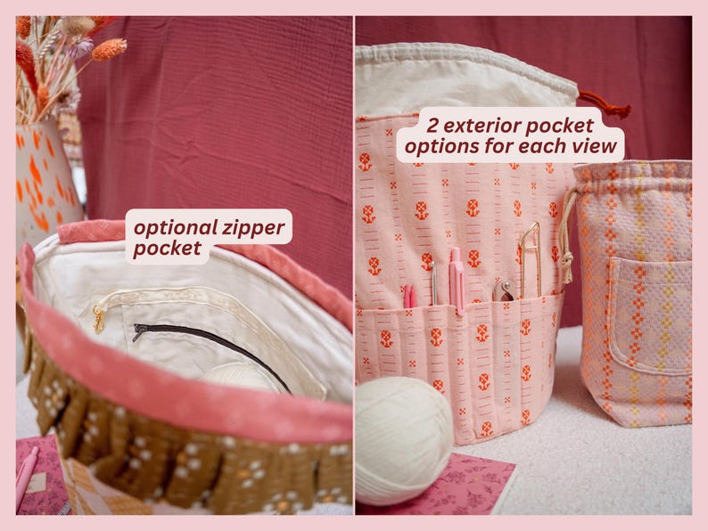 Peut inclure: Sacs de projet en tissu rose et blanc avec des motifs floraux. L'un des sacs poss&egrave;de une poche zipp&eacute;e en option, tandis qu'un autre poss&egrave;de deux options de poches ext&eacute;rieures. Les sacs sont con&ccedil;us pour ranger des fournitures de tricot ou de crochet.