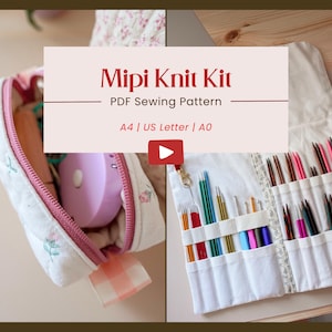 Op de afbeelding: Een witte naaiset van stof met een bloemenpatroon en roze bies. De set is open om een ​​verscheidenheid aan breinaalden en een kleine roze meetlint te laten zien. De set is gelabeld "Mipii Knit Kit PDF Sewing Pattern A4 | US Letter | A0".