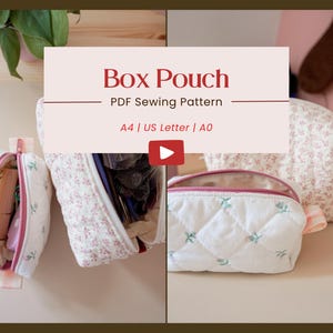 May include: Two white quilted fabric pouches with pink floral patterns and pink zippers. The pouches are open to show the inside. The larger pouch is filled with various items. The smaller pouch is empty. The image includes the text "Box Pouch PDF Sewing Pattern A4 | US Letter | A0".