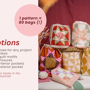Peut inclure: Plusieurs sacs &agrave; cordon faits &agrave; la main de diff&eacute;rentes tailles et couleurs, avec des motifs de courtepointes. L'image comprend le texte &laquo;&nbsp;1 motif = 80 sacs (!)&nbsp;&raquo; et &laquo;&nbsp;Options&nbsp;&raquo;.
