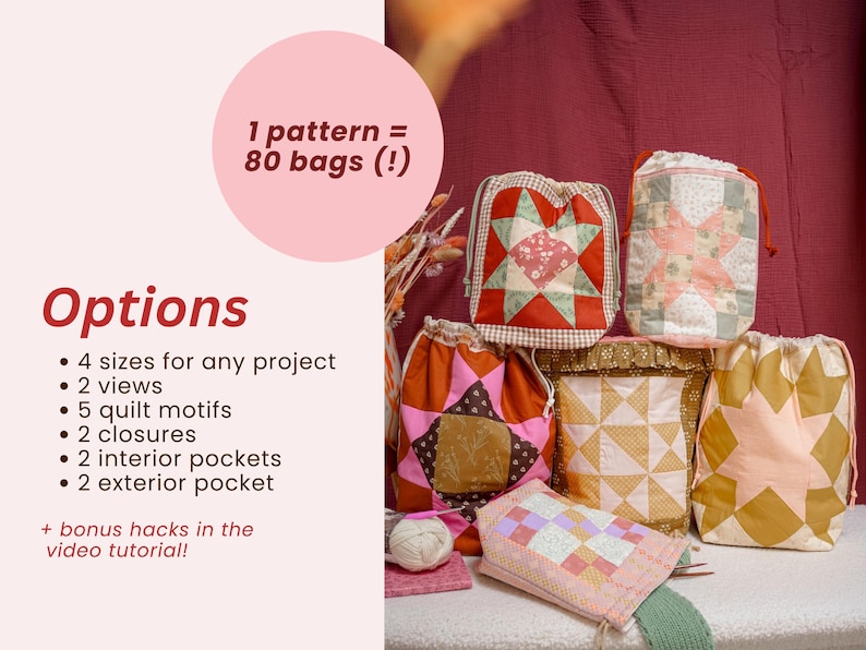 Peut inclure: Plusieurs sacs &agrave; cordon faits &agrave; la main de diff&eacute;rentes tailles et couleurs, avec des motifs de courtepointes. L'image comprend le texte &laquo;&nbsp;1 motif = 80 sacs (!)&nbsp;&raquo; et &laquo;&nbsp;Options&nbsp;&raquo;.