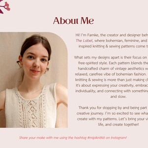 Op de afbeelding: Een vrouw glimlacht naar de camera terwijl ze voor een lichtroze achtergrond staat. De tekst "About Me" staat bovenaan de afbeelding. De tekst onder de afbeelding van de vrouw beschrijft haar als de maker en ontwerper achter Mipi The Label, waar bohemian, vrouwelijke en vintage-ge&iuml;nspireerde brei- en naaipatronen tot leven komen. De tekst beschrijft ook de designaesthetiek van de vrouw en moedigt kijkers aan om hun creaties te delen met behulp van de hashtag #mipiknitkit op Instagram.