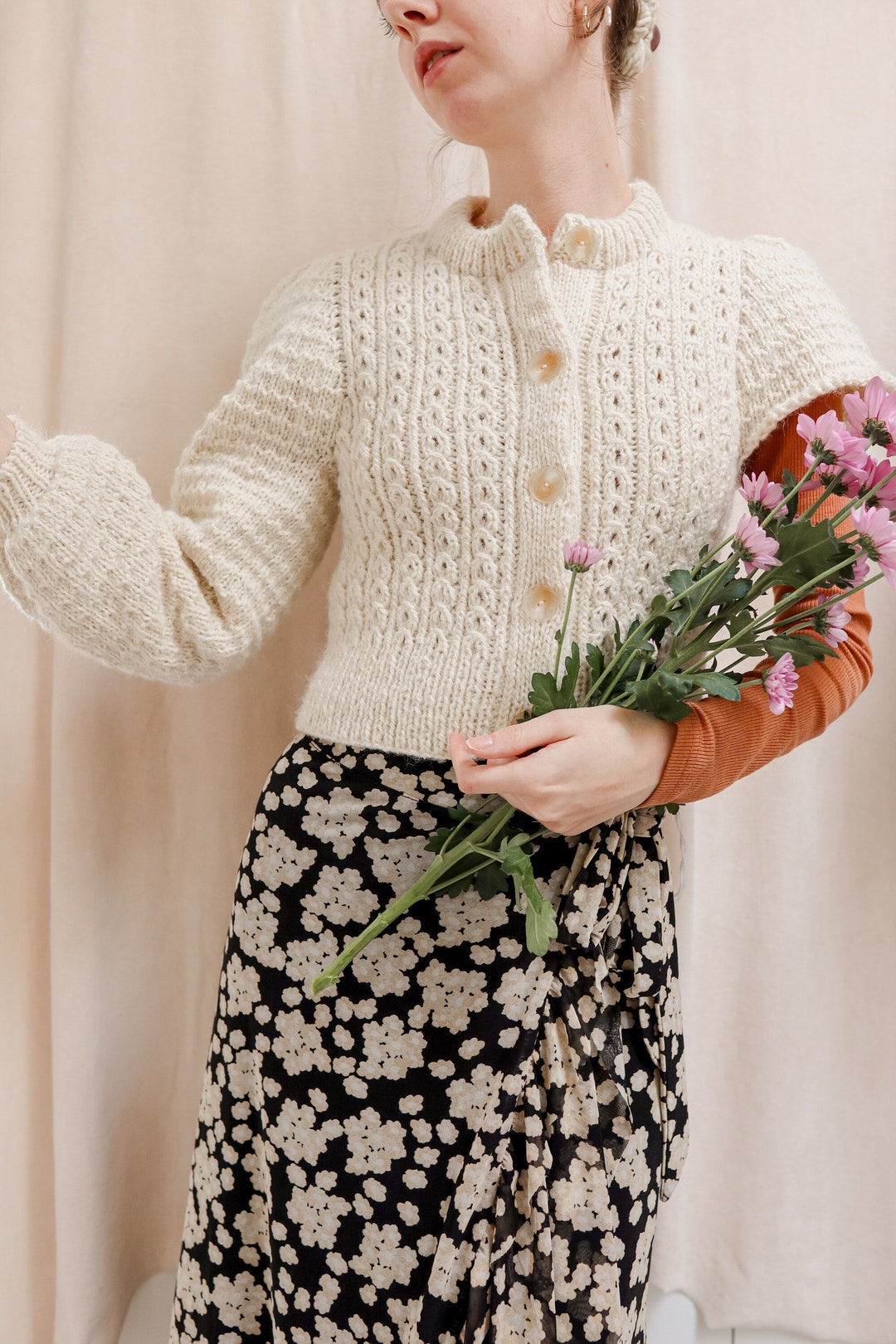 Puff Sleeve Textured Cardigan | Vivienne Vintage Cardigan