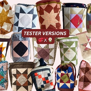 Peut inclure: Plusieurs sacs &agrave; cordon faits &agrave; la main avec des motifs d'&eacute;toiles en patchwork de diff&eacute;rentes couleurs et motifs. Les sacs pr&eacute;sentent une vari&eacute;t&eacute; de tissus, y compris des motifs floraux et g&eacute;om&eacute;triques. Le texte "TESTER VERSIONS" est affich&eacute; sur une banni&egrave;re rouge.