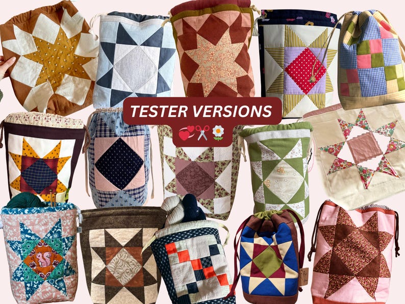 Peut inclure: Plusieurs sacs &agrave; cordon faits &agrave; la main avec des motifs d'&eacute;toiles en patchwork de diff&eacute;rentes couleurs et motifs. Les sacs pr&eacute;sentent une vari&eacute;t&eacute; de tissus, y compris des motifs floraux et g&eacute;om&eacute;triques. Le texte "TESTER VERSIONS" est affich&eacute; sur une banni&egrave;re rouge.