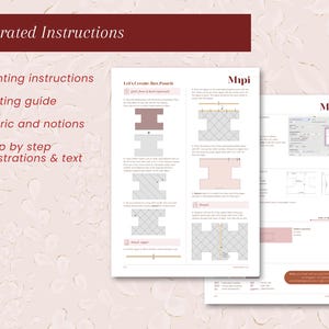 Op de afbeelding: Ge&iuml;llustreerde instructies voor het maken van een box-tas. De instructies omvatten een snijhandleiding, een lijst met stoffen en benodigdheden, en stapsgewijze illustraties met tekst. De tekst bevat "Let's Create Box Pouch".