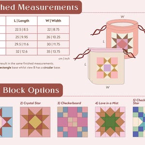 Peut inclure: Diagramme de deux sacs &agrave; cordon avec des motifs de blocs de courtepointe, un rectangulaire et un cylindrique. Les mesures sont fournies en cm et en pouces pour diff&eacute;rentes tailles, dont XS, S, M et L. Cinq options de blocs de courtepointe sont pr&eacute;sent&eacute;es : Ohio Star, Crystal Star, Checkerboard, Love in a Mist et Checkerboard Star.