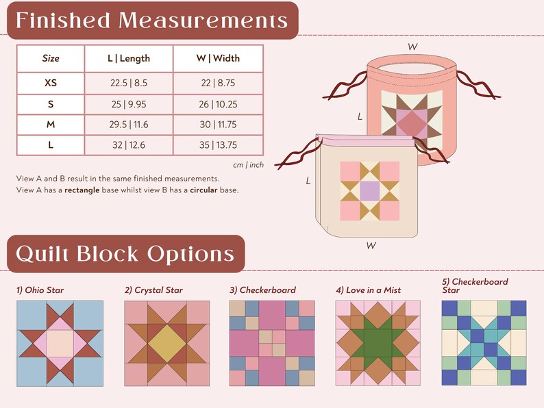 Peut inclure: Diagramme de deux sacs &agrave; cordon avec des motifs de blocs de courtepointe, un rectangulaire et un cylindrique. Les mesures sont fournies en cm et en pouces pour diff&eacute;rentes tailles, dont XS, S, M et L. Cinq options de blocs de courtepointe sont pr&eacute;sent&eacute;es : Ohio Star, Crystal Star, Checkerboard, Love in a Mist et Checkerboard Star.