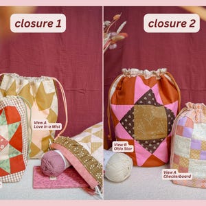 Peut inclure: Deux sacs &agrave; cordon de serrage avec des motifs patchwork. L'un des sacs pr&eacute;sente un motif d'&eacute;toile rouge et blanche, tandis que l'autre a un motif floral jaune et blanc. Les sacs font partie d'une collection d'accessoires en tissu faits &agrave; la main.