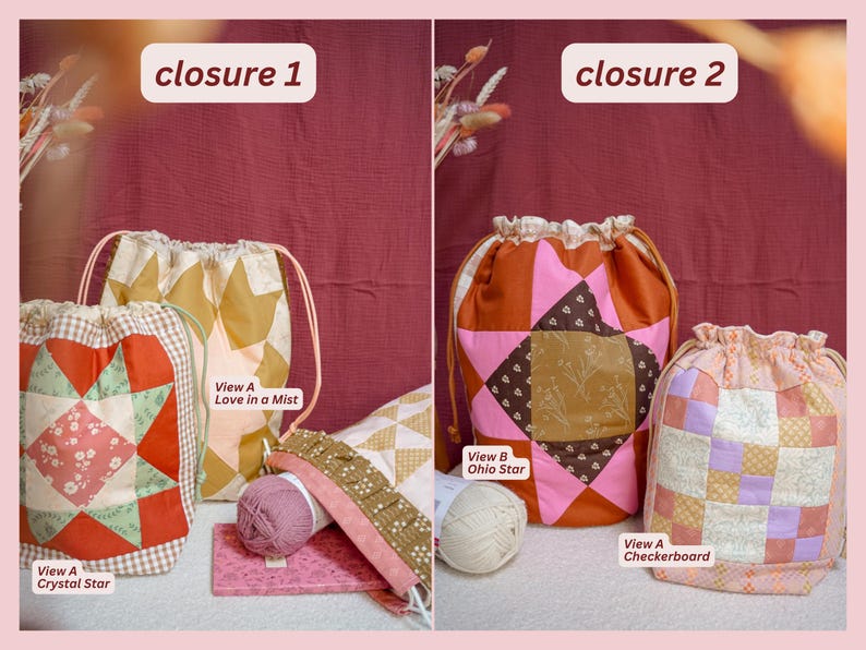 Peut inclure: Deux sacs &agrave; cordon de serrage avec des motifs patchwork. L'un des sacs pr&eacute;sente un motif d'&eacute;toile rouge et blanche, tandis que l'autre a un motif floral jaune et blanc. Les sacs font partie d'une collection d'accessoires en tissu faits &agrave; la main.