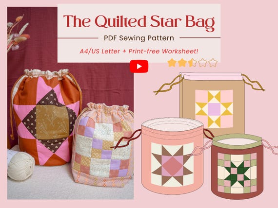Quilted Star Bag PDF Pattern  • 4 Sizes + 5 Motifs • Patchwork Project Bag Sewing • Knitting & Crochet • Aimee Bag (Video!) • English
