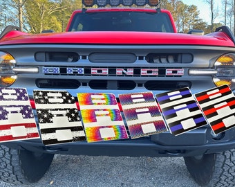 Bronco Vinyl Grille Letters Overlay Fits: 2021+ Ford Bronco Full Size Models. Custom USA, Tie Dye, Cheetah, Thin Blue Line Free Shipping.
