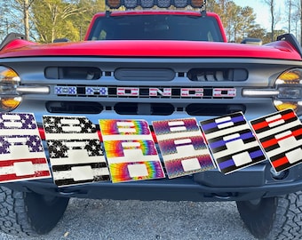 Bronco Vinyl Grille Letters Overlay Fits: 2021+ Ford Bronco Full Size Models. Custom USA, Tie Dye, Cheetah, Thin Blue Line Free Shipping.