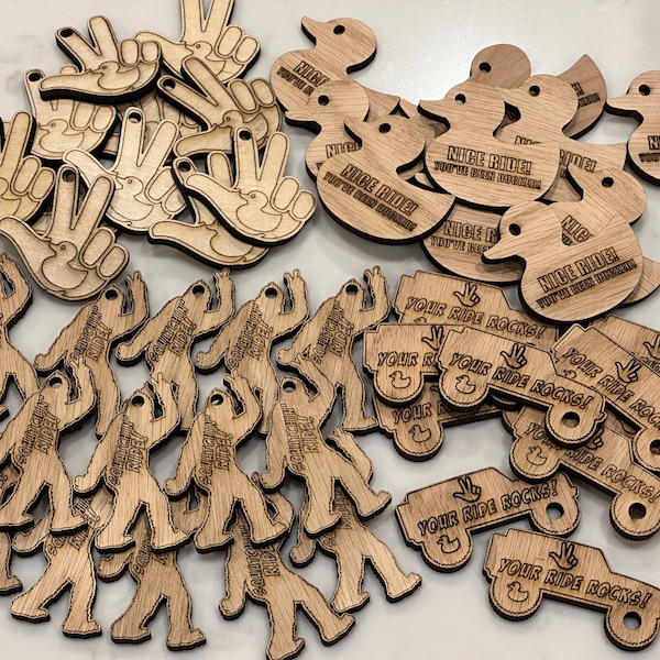 Duck Duck wooden tags. Many varieties to choose from. Perfect for your jeep duckin' adventures. Sasquatch Bigfoot Wave Duck & 4x4 designs.