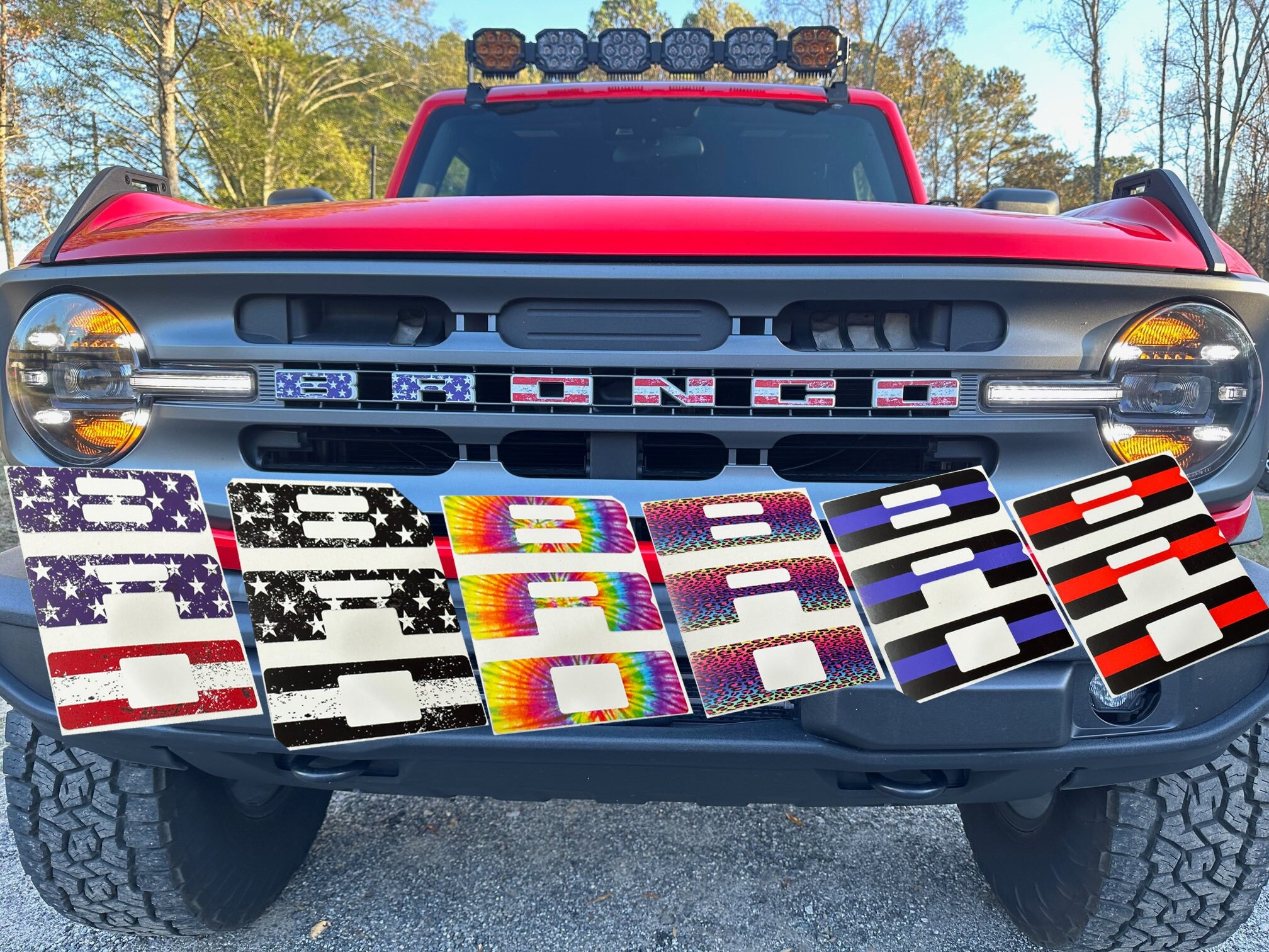 Bronco Vinyl Grille Letters Overlay Fits: 2021+ Ford Bronco Full Size Models. Custom USA, Tie Dye, Cheetah, Thin Blue Line Free Shipping.