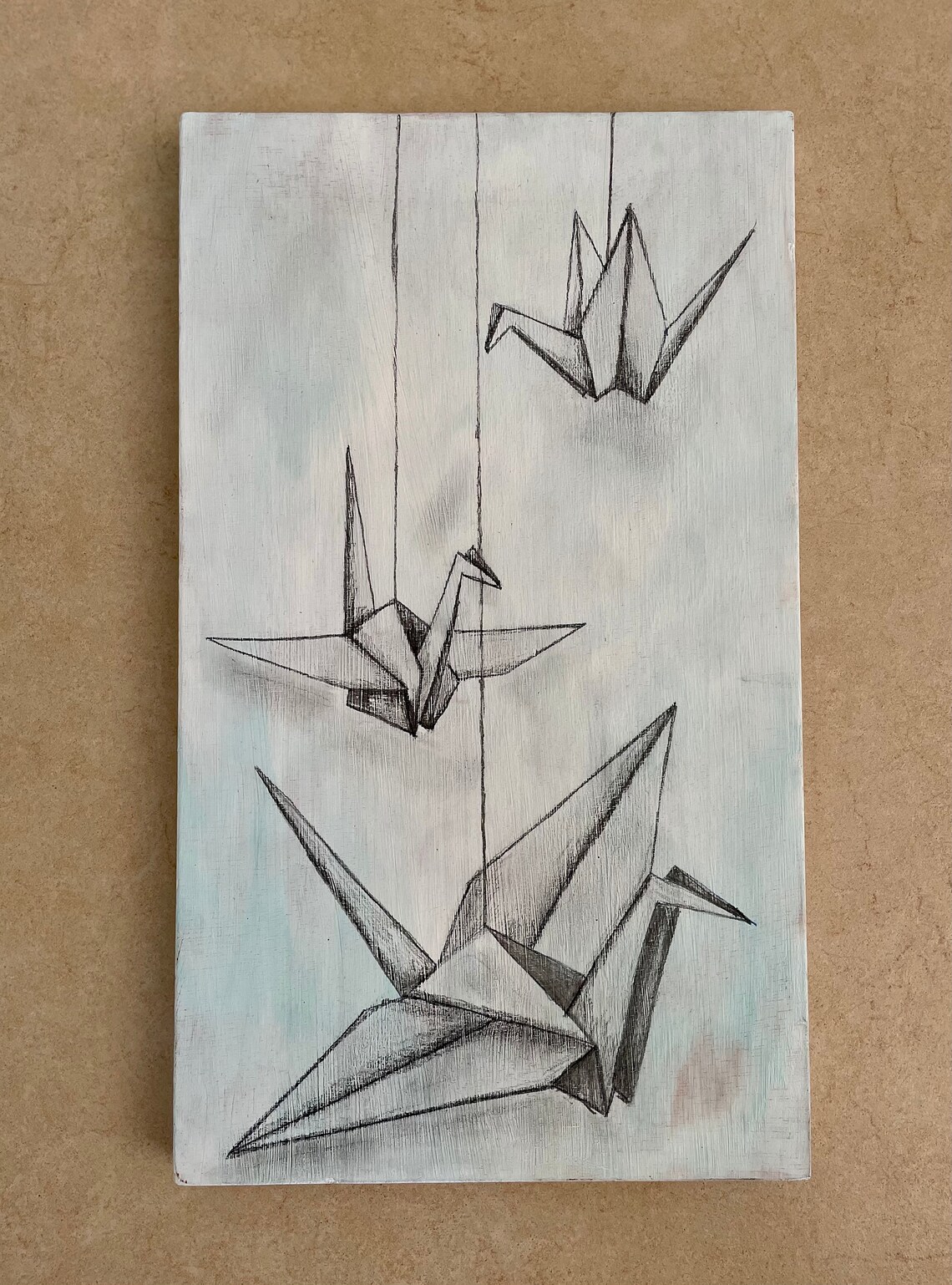 Pencil Drawing of Origami Cranes on Acrlic Painting Oragami Etsy