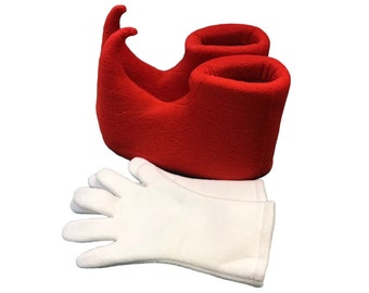 Ensemble chaussures et gants de déguisement elfe, ensemble chaussures et gants mascotte elfe rouges, ensemble bottes et gants elfe coquine, bottines en mousse rouge mascotte elfe