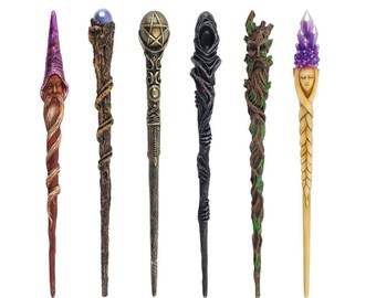 Wizard Warlock Witch Wand , Halloween Wands For Cosplay , Resin Wizard Costume Prop Wands , Dark Raven Sorcerers Wand , Bronze Pentagram