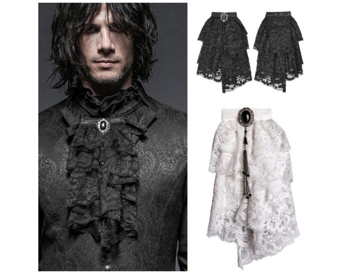 Vampire Black White Lace Jabot , Mens Pin on Gothic Cravat