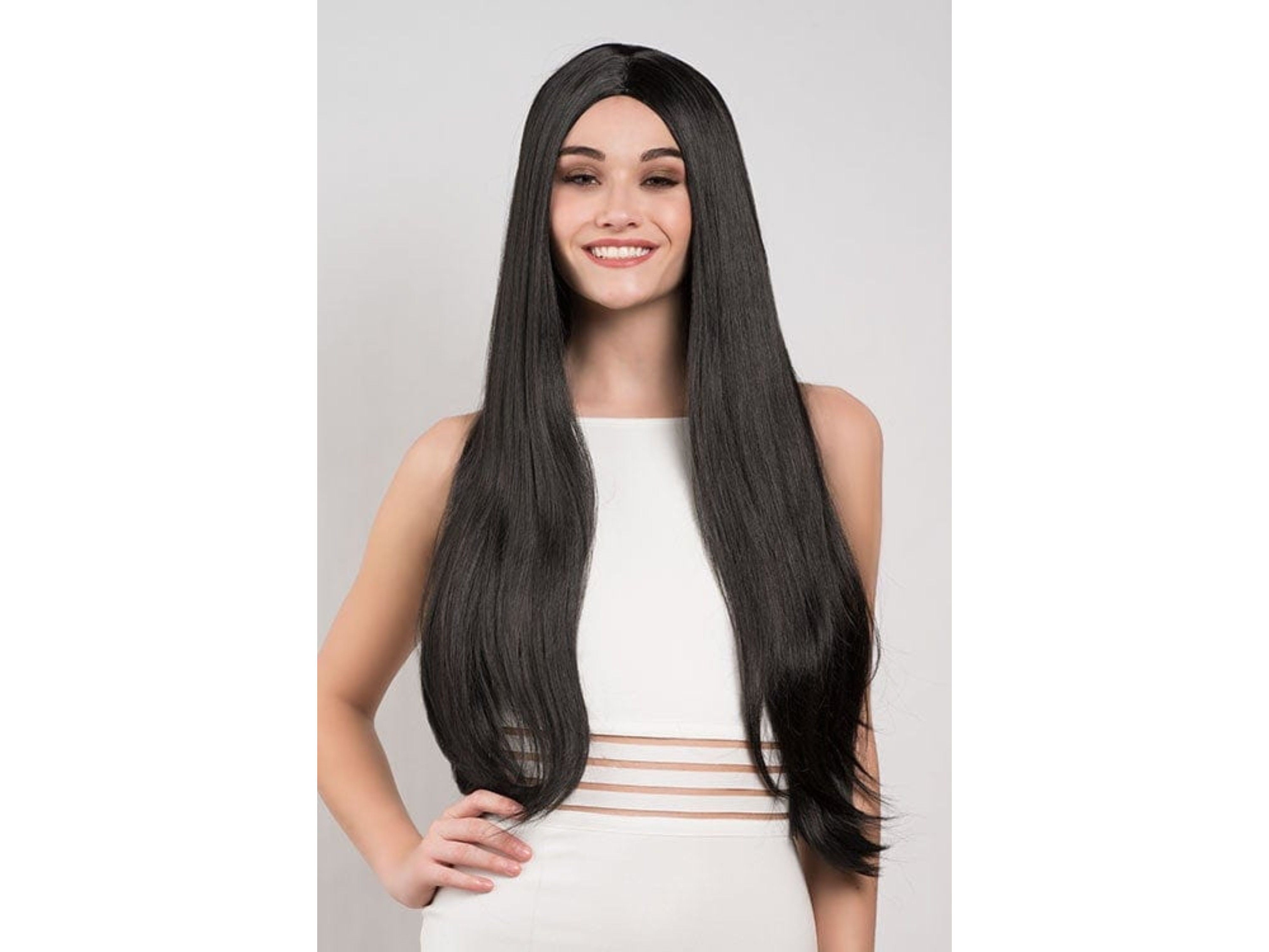 Mersi Wednesday Addams Wig Long Black Wigs for Morticia Straight Cosplay Costume Wigs Synthetic Hair Wig 27 Inch with Wig Cap S034BK 