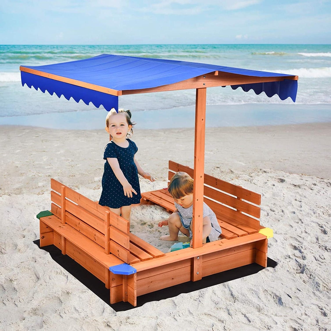 Kids Wooden Sandbox with Canopy Cedar Square Cabana Sandbox 2 Etsy