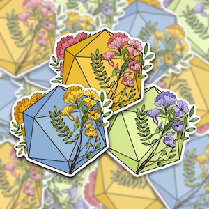 Floral D20 Vinyl Aufkleber | D&D Würfel Sticker | Bunte TTRPG Floral Art Abziehbilder