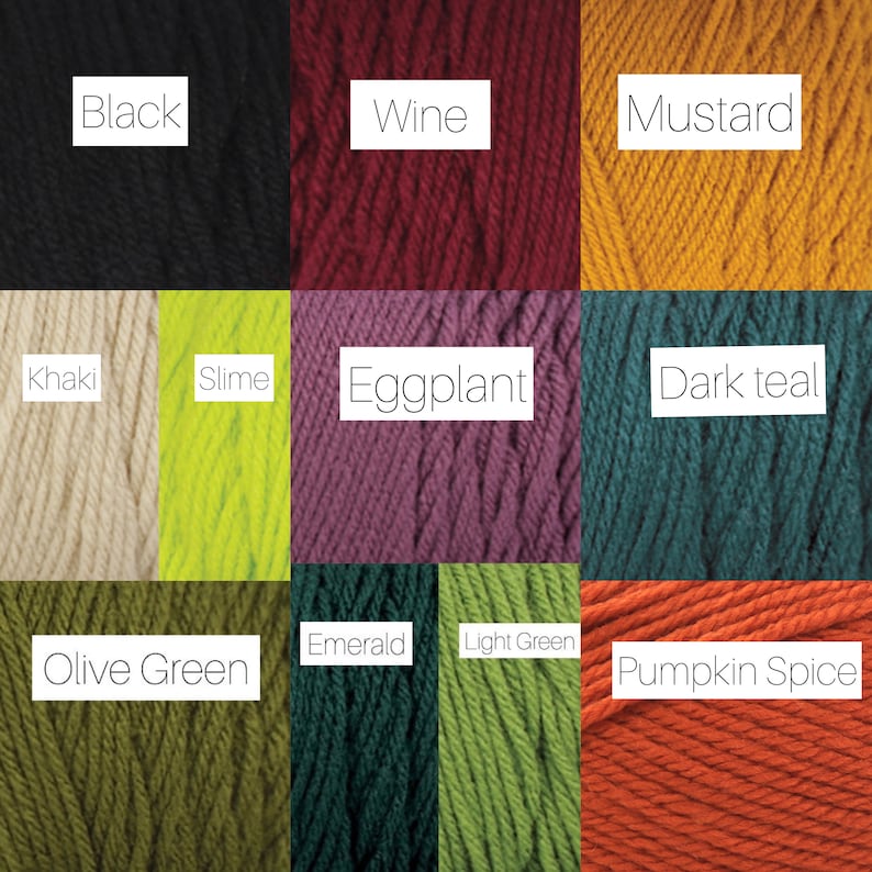Peut inclure: Une collection de pelotes de laine de diff&eacute;rentes couleurs, notamment noir, vin, moutarde, kaki, slime, aubergine, bleu canard fonc&eacute;, vert olive, &eacute;meraude, vert clair et orange &eacute;pic&eacute;.