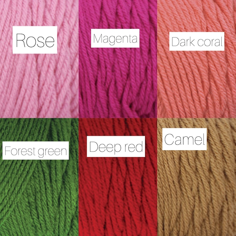 Peut inclure: Six pelotes de laine de diff&eacute;rentes couleurs&nbsp;: rose, magenta, corail fonc&eacute;, vert for&ecirc;t, rouge fonc&eacute; et camel.