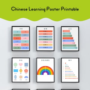 Conjunto de 9 carteles de aprendizaje chino • Impresión educativa • Decoración del hogar y el aula • Arte de pared IMPRIMIBLE • DESCARGA DIGITAL